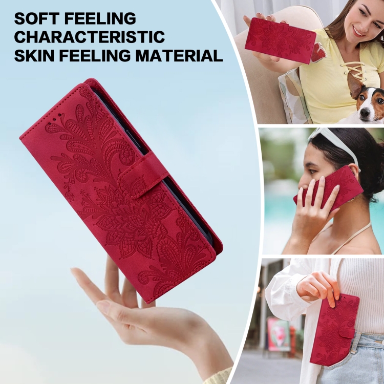 For Samsung Galaxy S23 5G Lace Floral Embossed Magnetic Buckle PU Phone Case With Wrist Strap(Red) For Samsung Galaxy S23 5G Lace Floral Embossed Magnetic Buckle PU Phone Case With Wrist Strap(Red)
