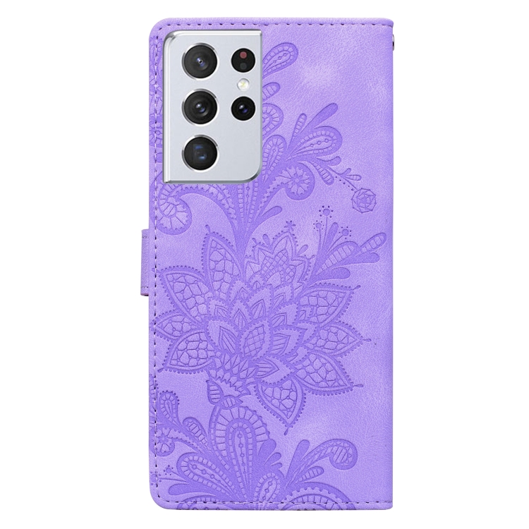 For Samsung Galaxy S21 Ultra 5G Lace Floral Embossed Magnetic Buckle PU Phone Case With Wrist Strap(Purple) For Samsung Galaxy S21 Ultra 5G Lace Floral Embossed Magnetic Buckle PU Phone Case With Wrist Strap(Purple)