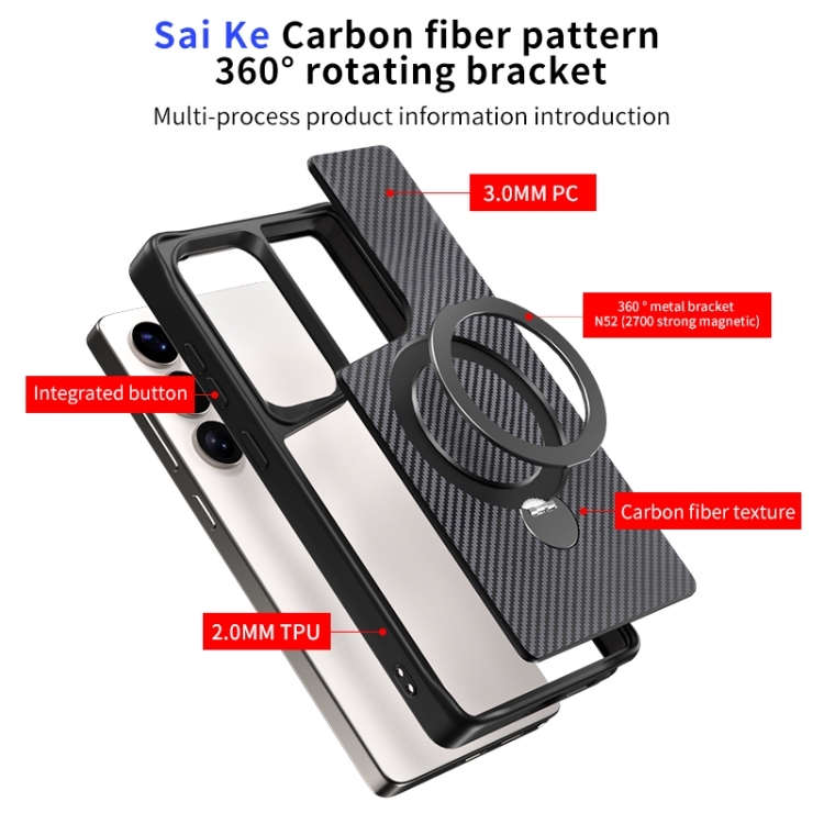 For Samsung Galaxy S24 Ultra 5G Carbon Fiber Texture 360 MagSafe Holder Phone Case(Titanium Gray)