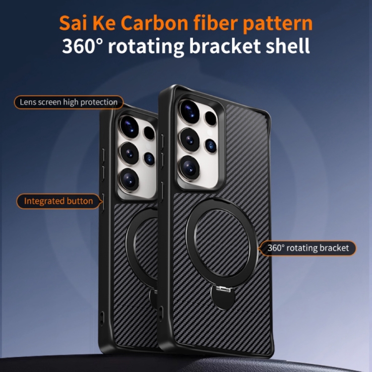 For Samsung Galaxy S24 Ultra 5G Carbon Fiber Texture 360 MagSafe Holder Phone Case(Titanium Gray)