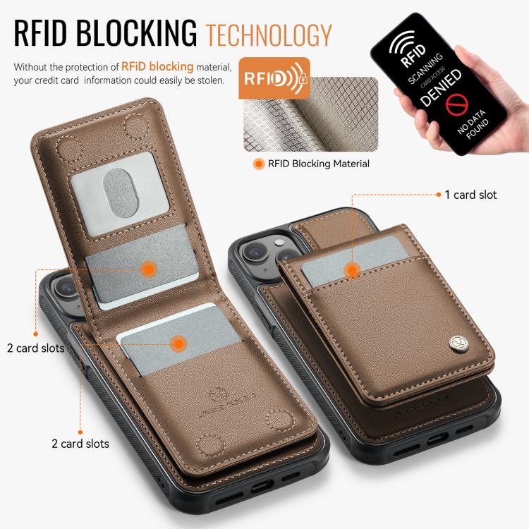 For iPhone 15 Plus JEEHOOD J06 British Style RFID MagSafe Card Bag PU Phone Case(Brown) For iPhone 15 Plus JEEHOOD J06 British Style RFID MagSafe Card Bag PU Phone Case(Brown)