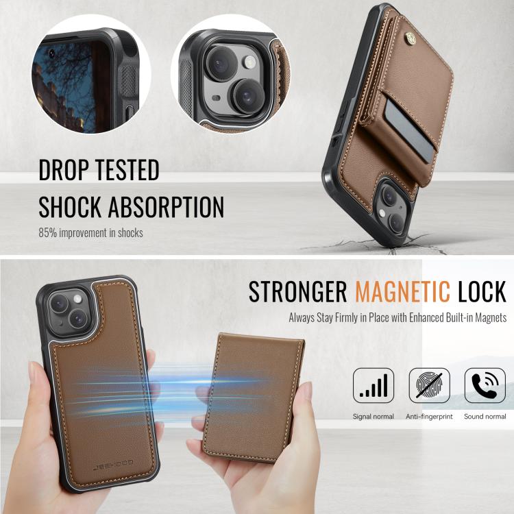 For iPhone 15 Plus JEEHOOD J06 British Style RFID MagSafe Card Bag PU Phone Case(Brown) For iPhone 15 Plus JEEHOOD J06 British Style RFID MagSafe Card Bag PU Phone Case(Brown)