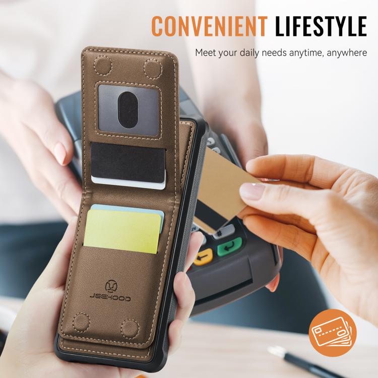 For iPhone 15 Plus JEEHOOD J06 British Style RFID MagSafe Card Bag PU Phone Case(Brown) For iPhone 15 Plus JEEHOOD J06 British Style RFID MagSafe Card Bag PU Phone Case(Brown)