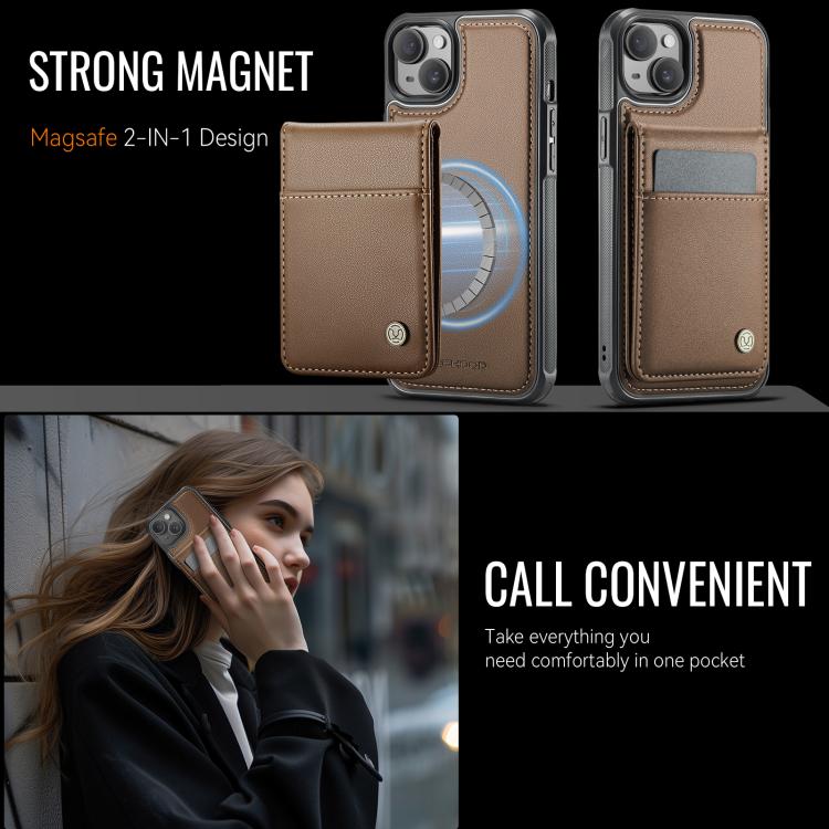 For iPhone 15 Plus JEEHOOD J06 British Style RFID MagSafe Card Bag PU Phone Case(Brown) For iPhone 15 Plus JEEHOOD J06 British Style RFID MagSafe Card Bag PU Phone Case(Brown)
