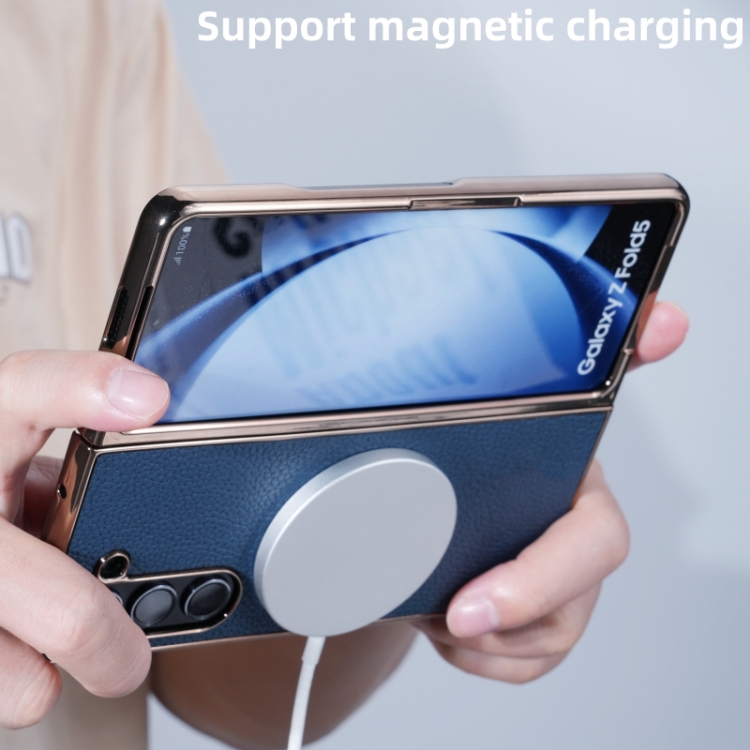 For Samsung Galaxy Z Fold6 Three Parts MagSafe Litchi Texture Fold Phone Case(Blue) For Samsung Galaxy Z Fold6 Three Parts MagSafe Litchi Texture Fold Phone Case(Blue)
