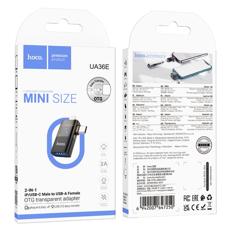 hoco UA36E 8 Pin, USB-C / Type-C Male to USB Female 2 in 1 OTG Transparent Adapter(Black)