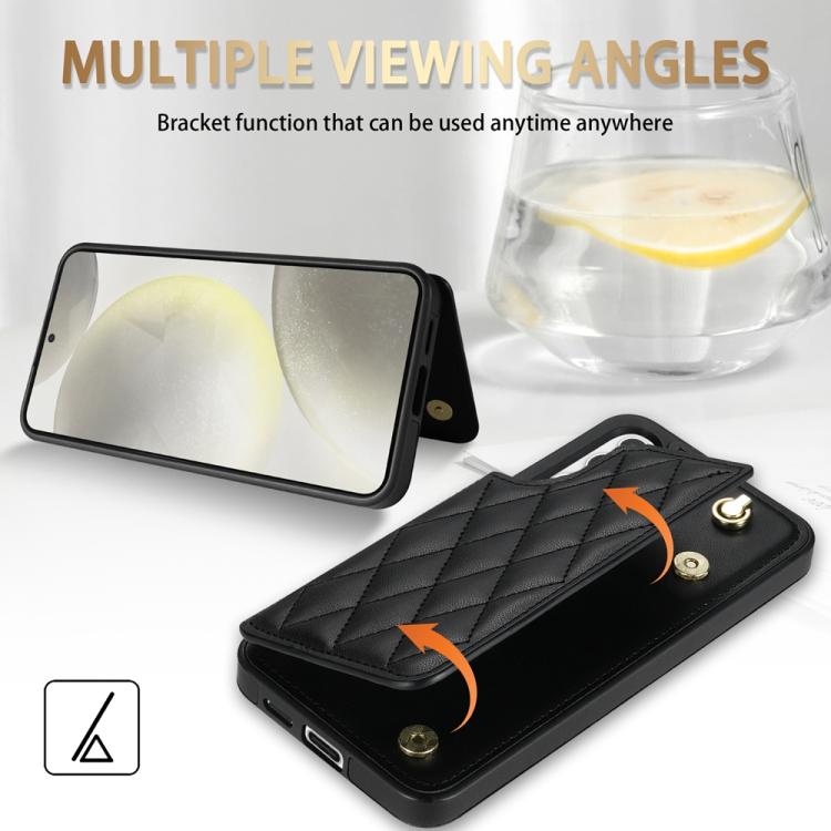 For Samsung Galaxy S24 5G Rhombic Dual Buckle Card Slots Phone Case with Lanyard(Black) For Samsung Galaxy S24 5G Rhombic Dual Buckle Card Slots Phone Case with Lanyard(Black)