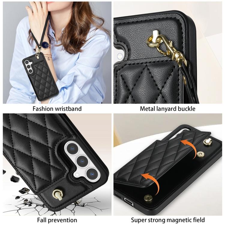 For Samsung Galaxy S24 5G Rhombic Dual Buckle Card Slots Phone Case with Lanyard(Black) For Samsung Galaxy S24 5G Rhombic Dual Buckle Card Slots Phone Case with Lanyard(Black)