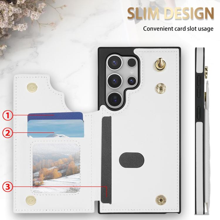 For Samsung Galaxy S22 Ultra 5G Rhombic Dual Buckle Card Slots Phone Case with Lanyard(White)