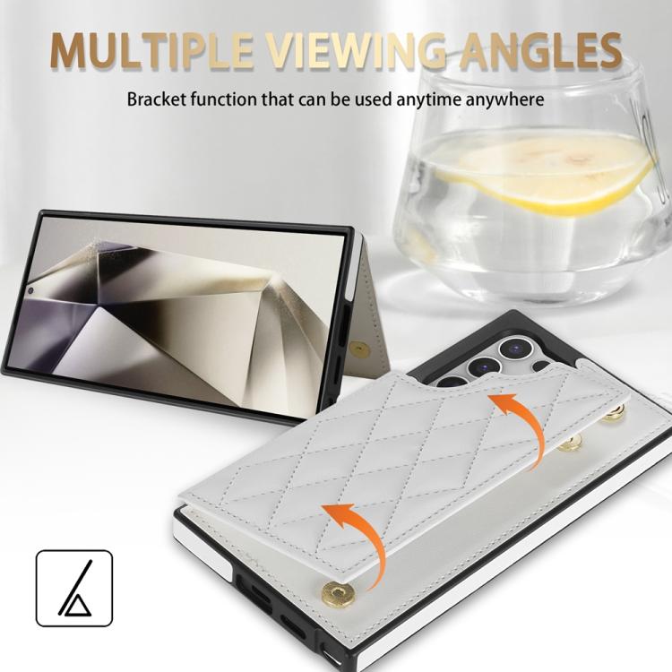 For Samsung Galaxy S22 Ultra 5G Rhombic Dual Buckle Card Slots Phone Case with Lanyard(White)