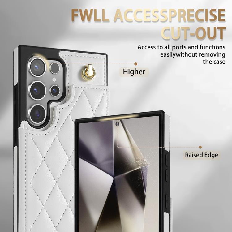 For Samsung Galaxy S22 Ultra 5G Rhombic Dual Buckle Card Slots Phone Case with Lanyard(White)
