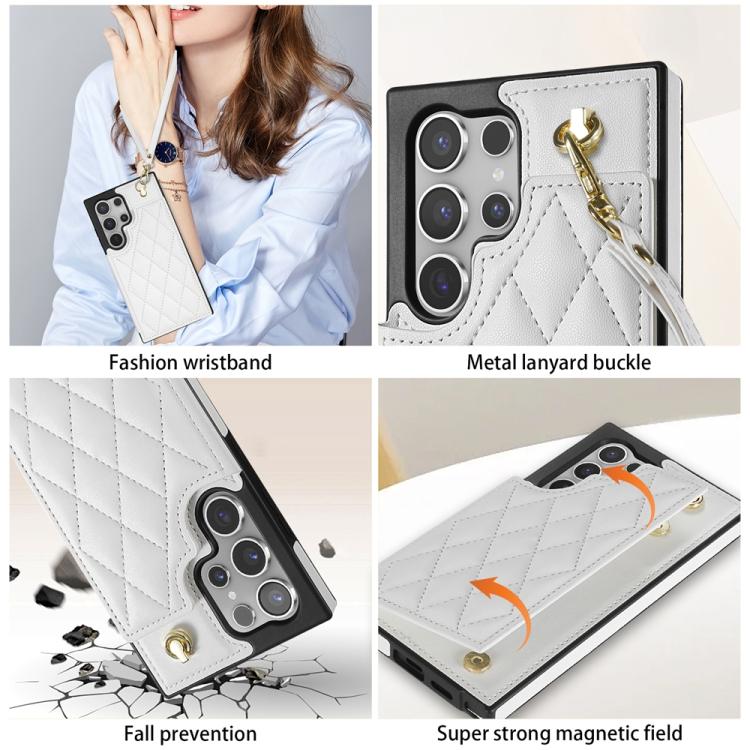 For Samsung Galaxy S22 Ultra 5G Rhombic Dual Buckle Card Slots Phone Case with Lanyard(White)