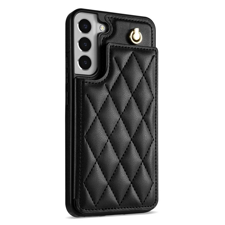 For Samsung Galaxy S22 5G Rhombic Dual Buckle Card Slots Phone Case with Lanyard(Black)