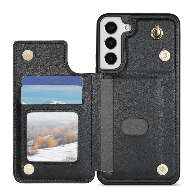 For Samsung Galaxy S22 5G Rhombic Dual Buckle Card Slots Phone Case with Lanyard(Black)