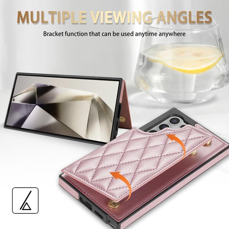 For Samsung Galaxy S21 Ultra 5G Rhombic Dual Buckle Card Slots Phone Case with Lanyard(Rose Gold) For Samsung Galaxy S21 Ultra 5G Rhombic Dual Buckle Card Slots Phone Case with Lanyard(Rose Gold)