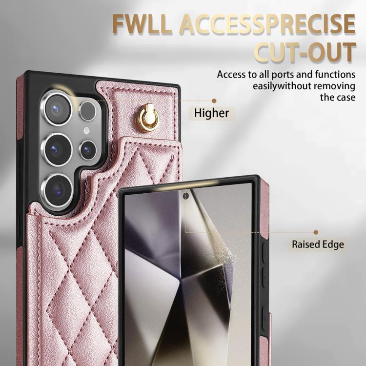 For Samsung Galaxy S21 Ultra 5G Rhombic Dual Buckle Card Slots Phone Case with Lanyard(Rose Gold) For Samsung Galaxy S21 Ultra 5G Rhombic Dual Buckle Card Slots Phone Case with Lanyard(Rose Gold)