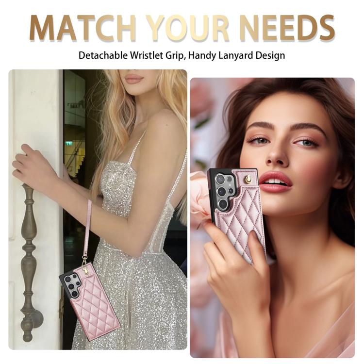 For Samsung Galaxy S21 Ultra 5G Rhombic Dual Buckle Card Slots Phone Case with Lanyard(Rose Gold) For Samsung Galaxy S21 Ultra 5G Rhombic Dual Buckle Card Slots Phone Case with Lanyard(Rose Gold)