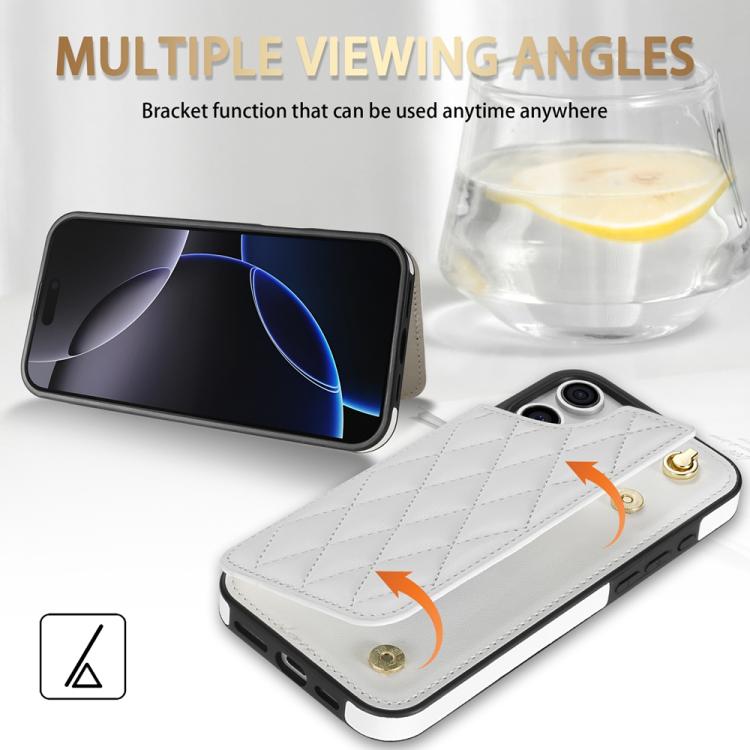 For iPhone 15 Pro Rhombic Dual Buckle Card Slots Phone Case with Lanyard(White) For iPhone 15 Pro Rhombic Dual Buckle Card Slots Phone Case with Lanyard(White)