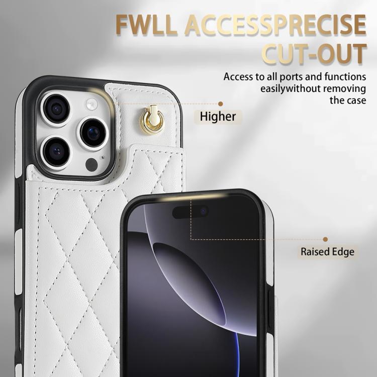 For iPhone 15 Pro Rhombic Dual Buckle Card Slots Phone Case with Lanyard(White) For iPhone 15 Pro Rhombic Dual Buckle Card Slots Phone Case with Lanyard(White)