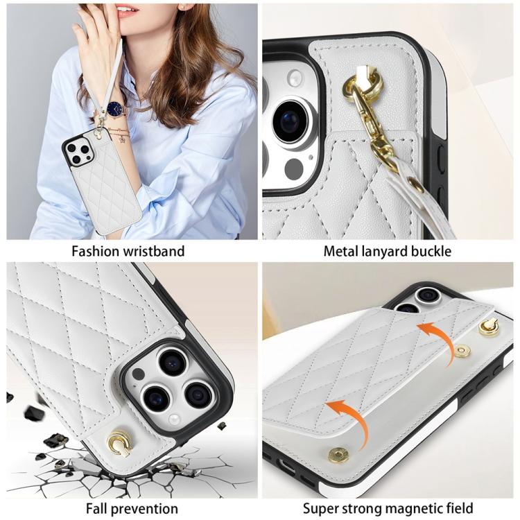 For iPhone 15 Pro Rhombic Dual Buckle Card Slots Phone Case with Lanyard(White) For iPhone 15 Pro Rhombic Dual Buckle Card Slots Phone Case with Lanyard(White)