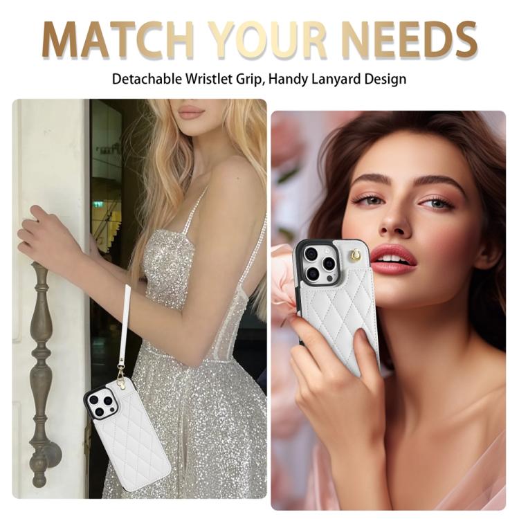 For iPhone 15 Pro Rhombic Dual Buckle Card Slots Phone Case with Lanyard(White) For iPhone 15 Pro Rhombic Dual Buckle Card Slots Phone Case with Lanyard(White)