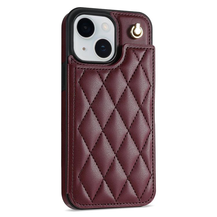 For iPhone 13 / 14 Rhombic Dual Buckle Card Slots Phone Case with Lanyard(Wine Red) - 1