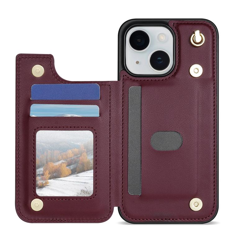For iPhone 13 / 14 Rhombic Dual Buckle Card Slots Phone Case with Lanyard(Wine Red) - 3