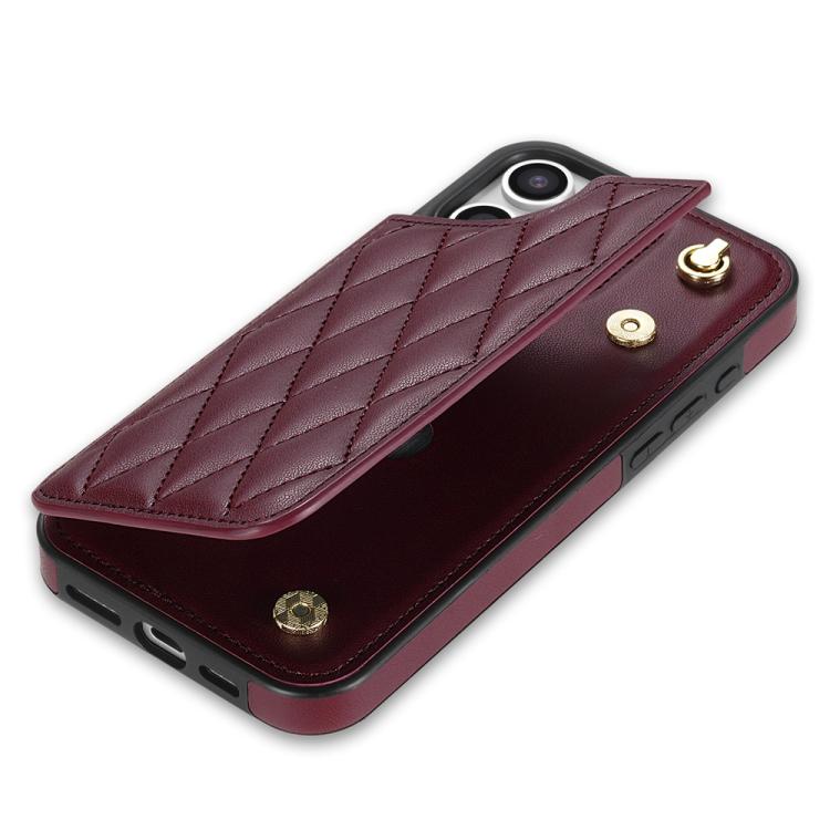 For iPhone 13 / 14 Rhombic Dual Buckle Card Slots Phone Case with Lanyard(Wine Red) - 5