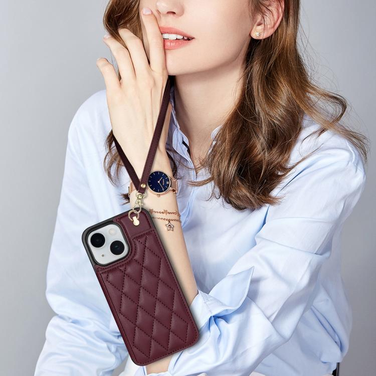 For iPhone 13 / 14 Rhombic Dual Buckle Card Slots Phone Case with Lanyard(Wine Red) - 6