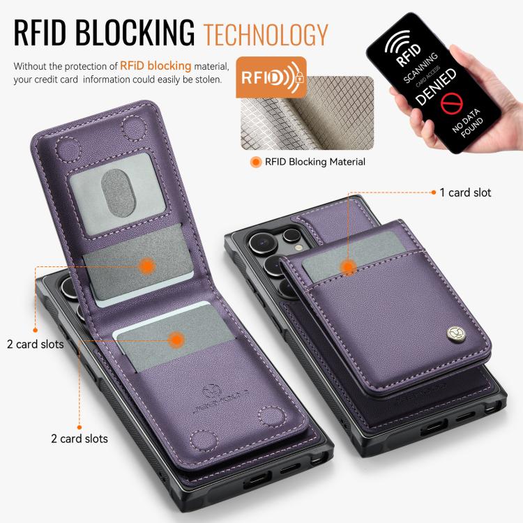 For Samsung Galaxy S24 Ultra 5G JEEHOOD J06 British Style RFID MagSafe Card Bag PU Phone Case(Purple) For Samsung Galaxy S24 Ultra 5G JEEHOOD J06 British Style RFID MagSafe Card Bag PU Phone Case(Purple)