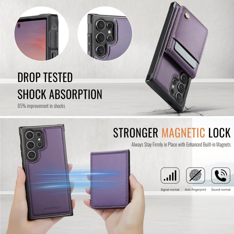 For Samsung Galaxy S24 Ultra 5G JEEHOOD J06 British Style RFID MagSafe Card Bag PU Phone Case(Purple) For Samsung Galaxy S24 Ultra 5G JEEHOOD J06 British Style RFID MagSafe Card Bag PU Phone Case(Purple)