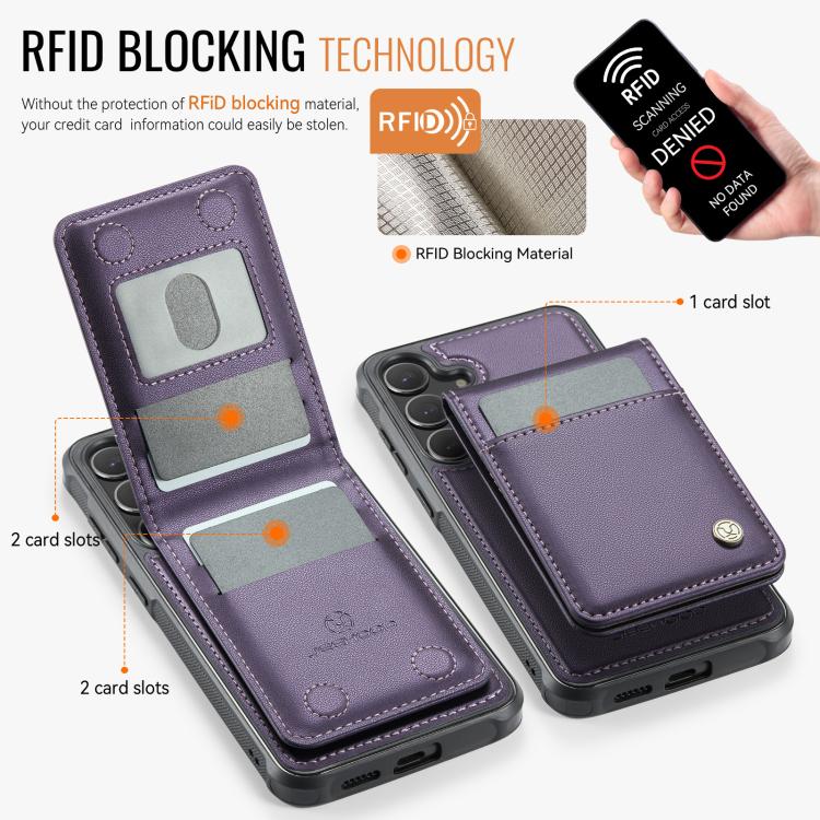 For Samsung Galaxy S25 5G JEEHOOD J06 British Style RFID MagSafe Card Bag PU Phone Case(Purple) For Samsung Galaxy S25 5G JEEHOOD J06 British Style RFID MagSafe Card Bag PU Phone Case(Purple)