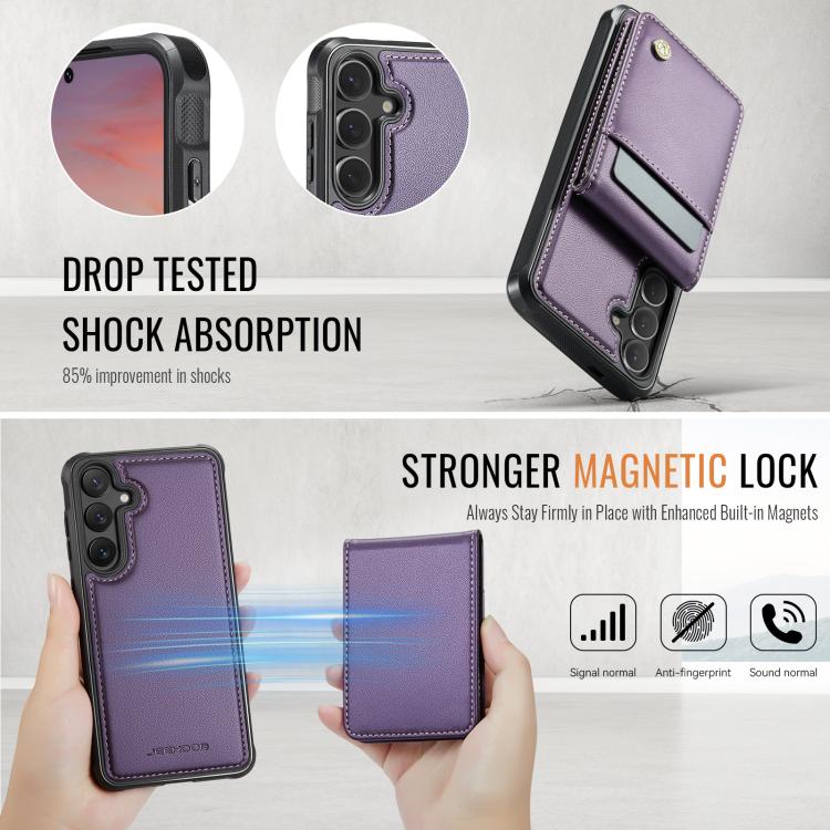 For Samsung Galaxy S25 5G JEEHOOD J06 British Style RFID MagSafe Card Bag PU Phone Case(Purple) For Samsung Galaxy S25 5G JEEHOOD J06 British Style RFID MagSafe Card Bag PU Phone Case(Purple)