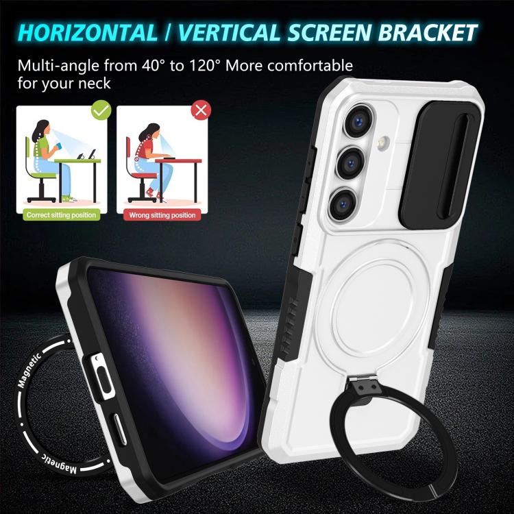 For Samsung Galaxy S24 FE 5G Sliding Camshield MagSafe Holder TPU Hybrid PC Phone Case(Black White) For Samsung Galaxy S24 FE 5G Sliding Camshield MagSafe Holder TPU Hybrid PC Phone Case(Black White)