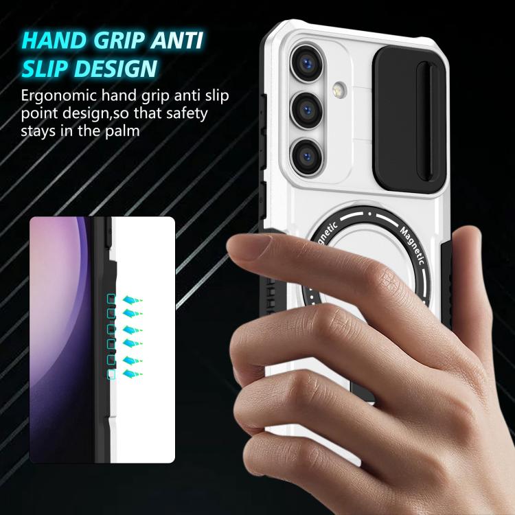 For Samsung Galaxy S24 FE 5G Sliding Camshield MagSafe Holder TPU Hybrid PC Phone Case(Black White) For Samsung Galaxy S24 FE 5G Sliding Camshield MagSafe Holder TPU Hybrid PC Phone Case(Black White)