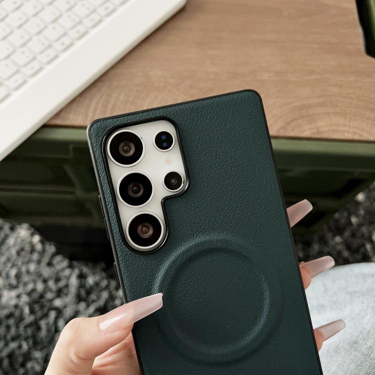 For Samsung Galaxy S25 Ultra 5G Magsafe Magnetic Plain Leather Phone Case(Dark Green) For Samsung Galaxy S25 Ultra 5G Magsafe Magnetic Plain Leather Phone Case(Dark Green)