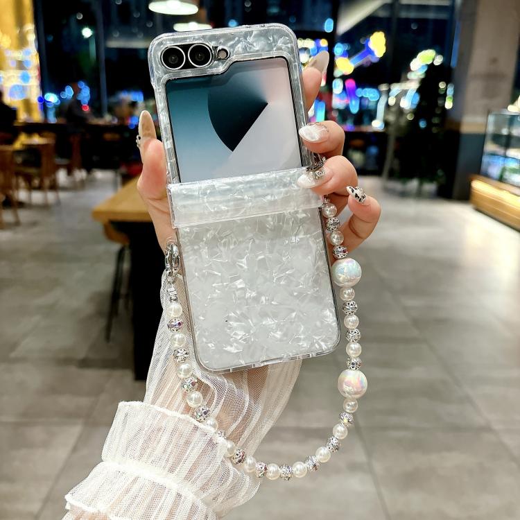 For Samsung Galaxy Z Flip6 Three Parts Pearlescent Shell Texture Phone Case with Bracelet(White) For Samsung Galaxy Z Flip6 Three Parts Pearlescent Shell Texture Phone Case with Bracelet(White)