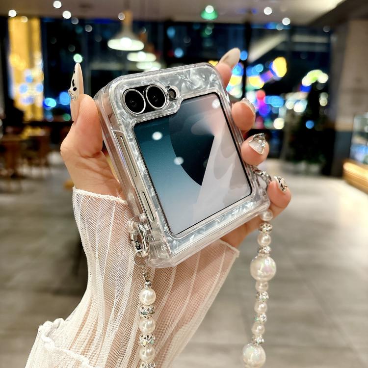 For Samsung Galaxy Z Flip6 Three Parts Pearlescent Shell Texture Phone Case with Bracelet(White) For Samsung Galaxy Z Flip6 Three Parts Pearlescent Shell Texture Phone Case with Bracelet(White)