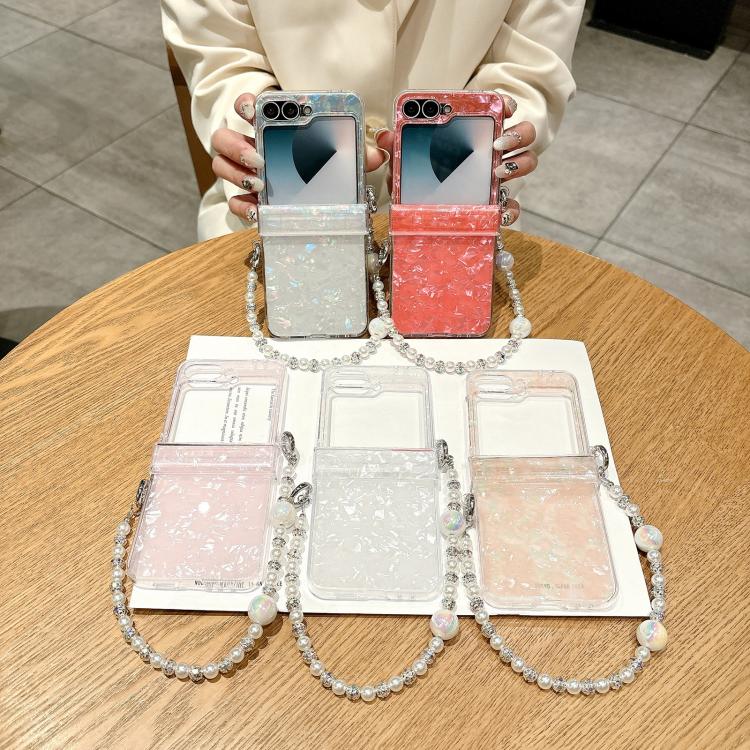 For Samsung Galaxy Z Flip6 Three Parts Pearlescent Shell Texture Phone Case with Bracelet(White) For Samsung Galaxy Z Flip6 Three Parts Pearlescent Shell Texture Phone Case with Bracelet(White)