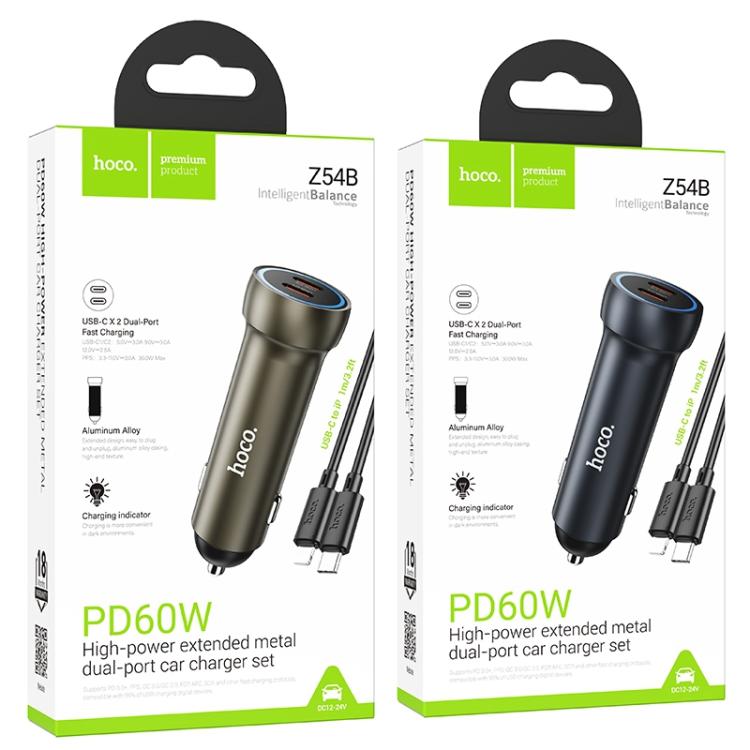 hoco Z54B Prosperous PD60W USB-C / Type-C Dual Port Car Charger Set with Type-C to 8 Pin Cable(Grey) - B6