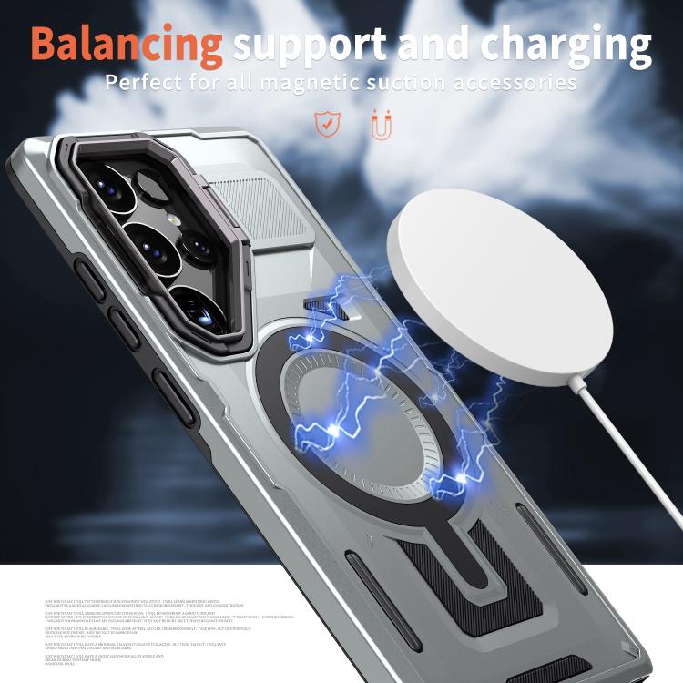 For Samsung Galaxy S24 Ultra 5G Shield Hollow Frame Holder MagSafe Phone Case(Grey) For Samsung Galaxy S24 Ultra 5G Shield Hollow Frame Holder MagSafe Phone Case(Grey)