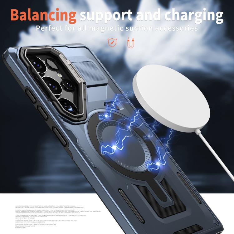 For Samsung Galaxy S24 5G Shield Hollow Frame Holder MagSafe Phone Case(Navy Blue)