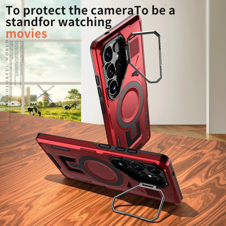 For Samsung Galaxy S23+ 5G Shield Hollow Frame Holder MagSafe Phone Case(Red) For Samsung Galaxy S23+ 5G Shield Hollow Frame Holder MagSafe Phone Case(Red)