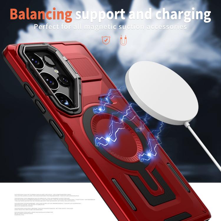 For Samsung Galaxy S23+ 5G Shield Hollow Frame Holder MagSafe Phone Case(Red) For Samsung Galaxy S23+ 5G Shield Hollow Frame Holder MagSafe Phone Case(Red)