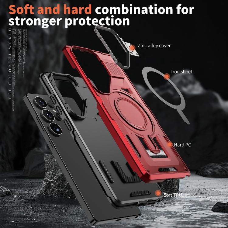 For Samsung Galaxy S23+ 5G Shield Hollow Frame Holder MagSafe Phone Case(Red) For Samsung Galaxy S23+ 5G Shield Hollow Frame Holder MagSafe Phone Case(Red)