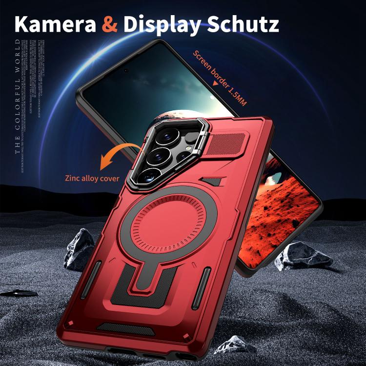 For Samsung Galaxy S23+ 5G Shield Hollow Frame Holder MagSafe Phone Case(Red) For Samsung Galaxy S23+ 5G Shield Hollow Frame Holder MagSafe Phone Case(Red)