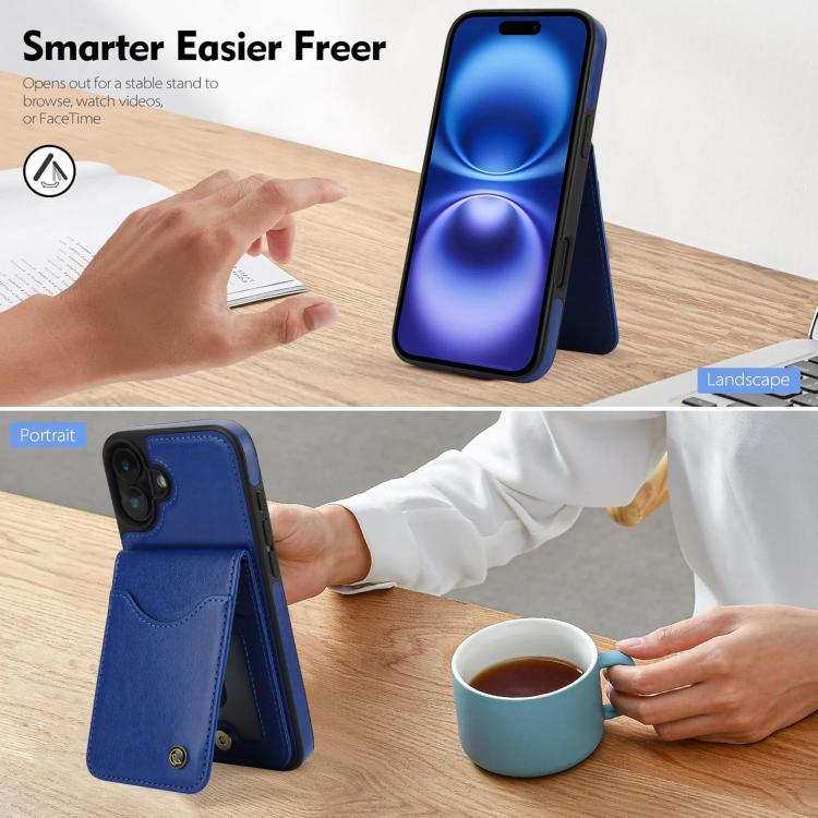 For iPhone 16 AwQuer Vertical Flip Card Bag Holder Leather Phone Case(Blue) For iPhone 16 AwQuer Vertical Flip Card Bag Holder Leather Phone Case(Blue)