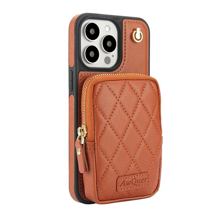 For iPhone 15 Pro Max AwQuer Crossbody Zipper Wallet Bag Litchi Leather Phone Case(Brown) - 1