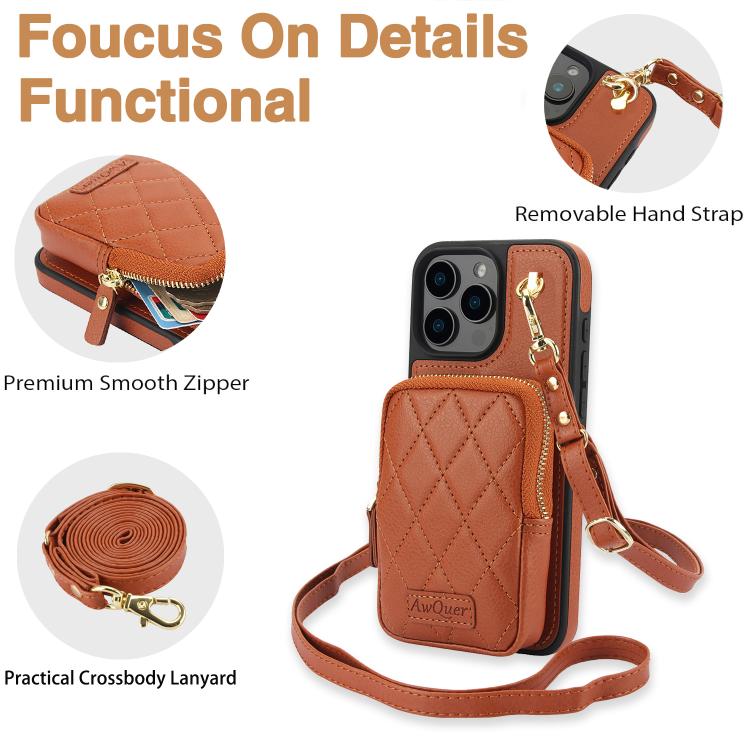 For iPhone 15 Pro Max AwQuer Crossbody Zipper Wallet Bag Litchi Leather Phone Case(Brown) - 3