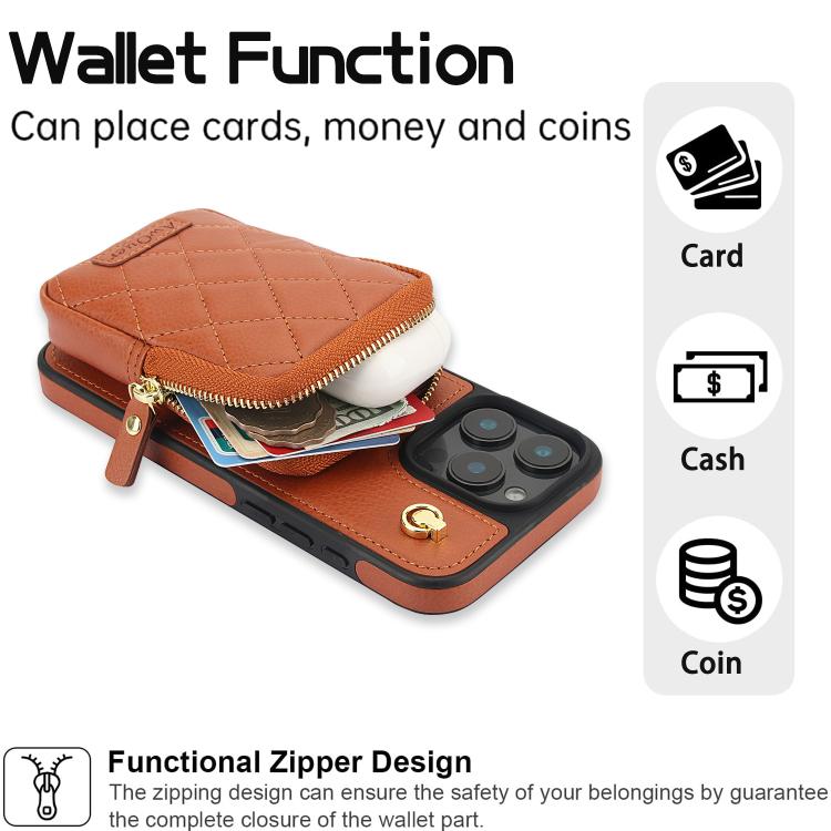 For iPhone 15 Pro Max AwQuer Crossbody Zipper Wallet Bag Litchi Leather Phone Case(Brown) - 4